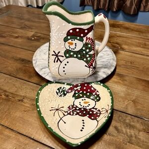 VTG 2000 Y2K Expressly Yours Snowman Christmas Holiday Pitcher &‎ Heart Plate